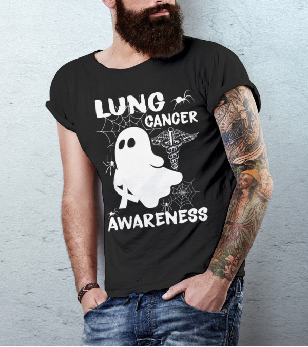 Lung Cancer Awareness Boo Ghost With Spider Webs And Spider T-Shirt