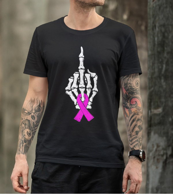 Breast Cancer Skeleton Middle Finger Pink Ribbon Awareness T-Shirt