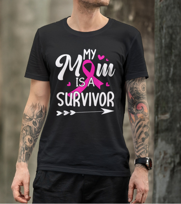 My Mom Is A Survivor Breast Cancer Awareness Pink Ribbon Hearts Arrow T-Shirt