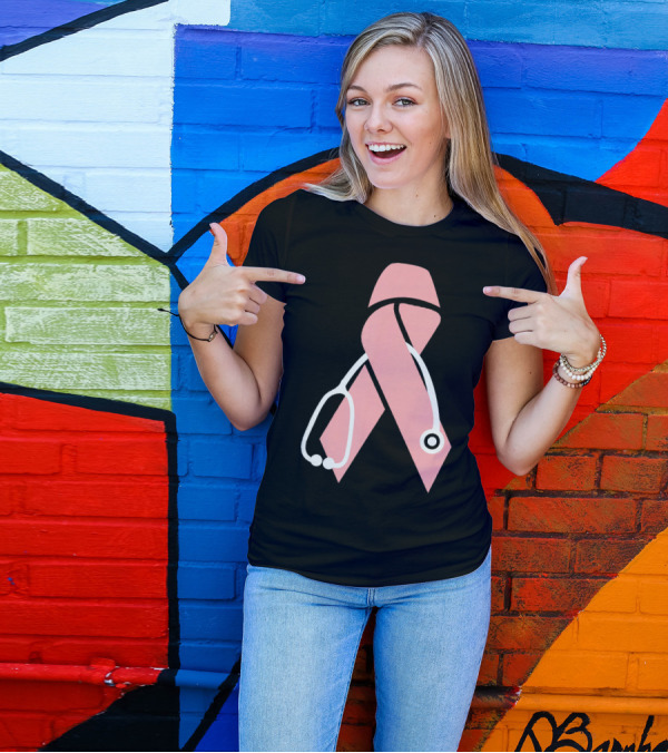 Nurse Doctor Family Friend Brea Pink Ribbon Stethoscope T-Shirt