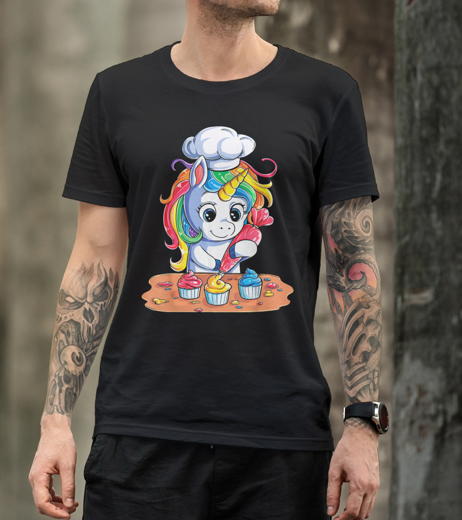 Unicorn Rainbow Chef Decorating Cupcakes Girls Magic T-Shirt