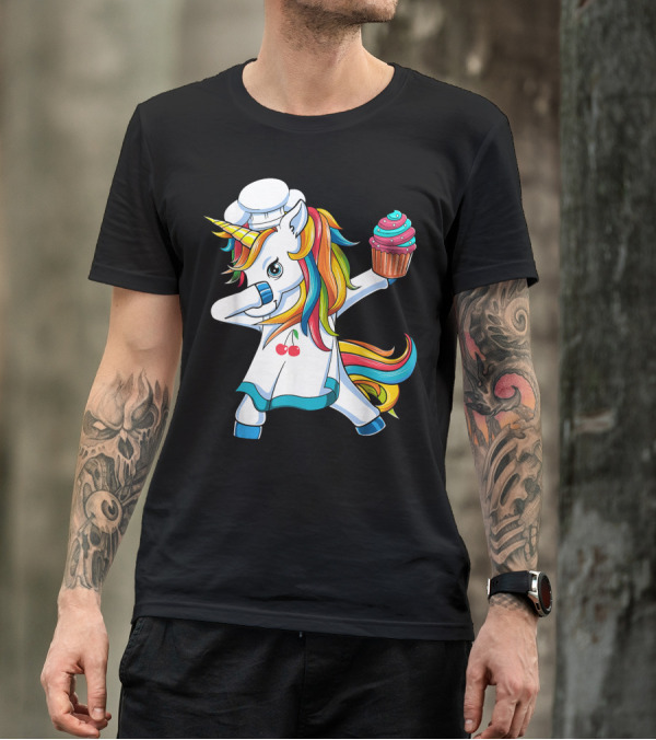 Dabbing Unicorn Rainbow Chef With Cupcake T-Shirt