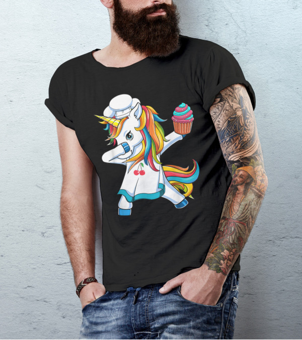 Dabbing Unicorn Rainbow Chef With Cupcake T-Shirt