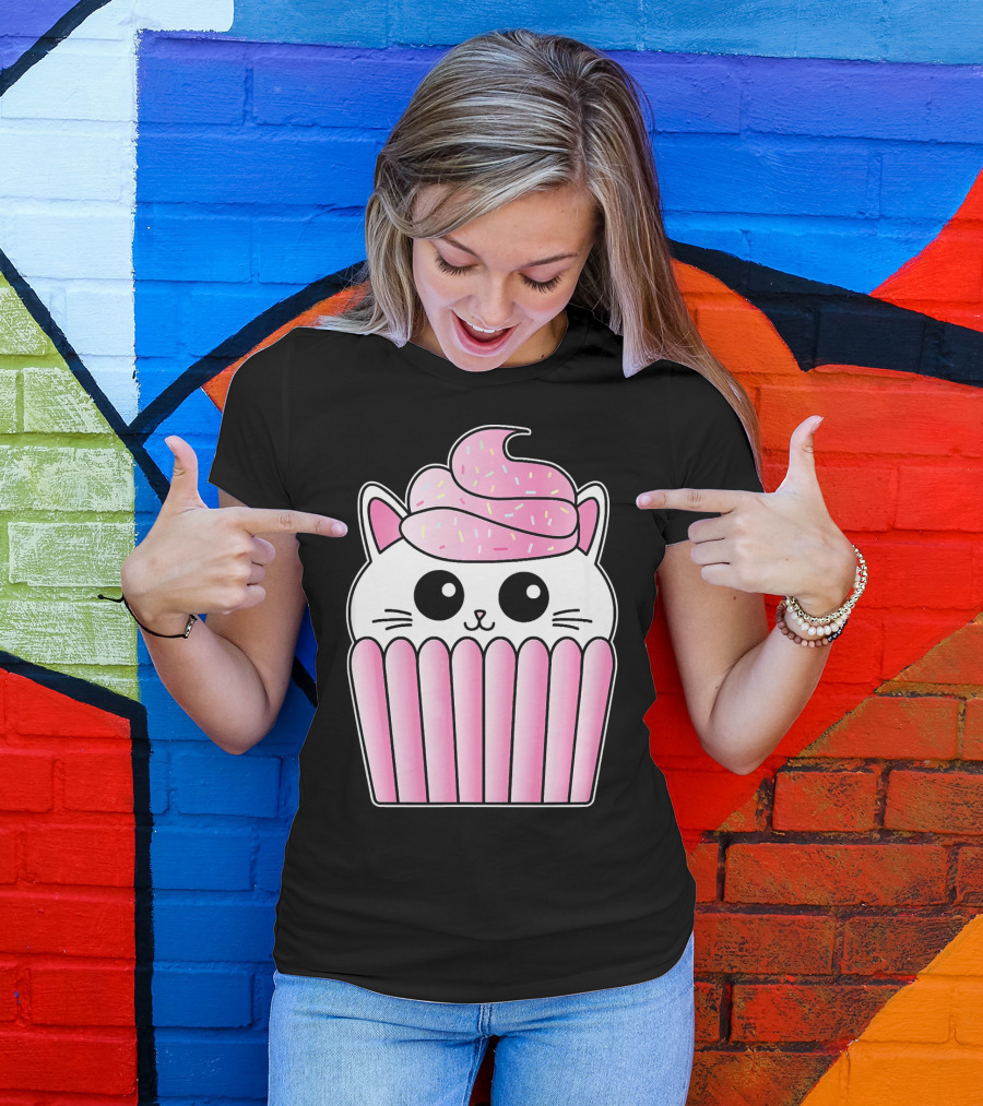 Kawaii Cat Cupcake Muffin In Pink Sweet Delight T-Shirt