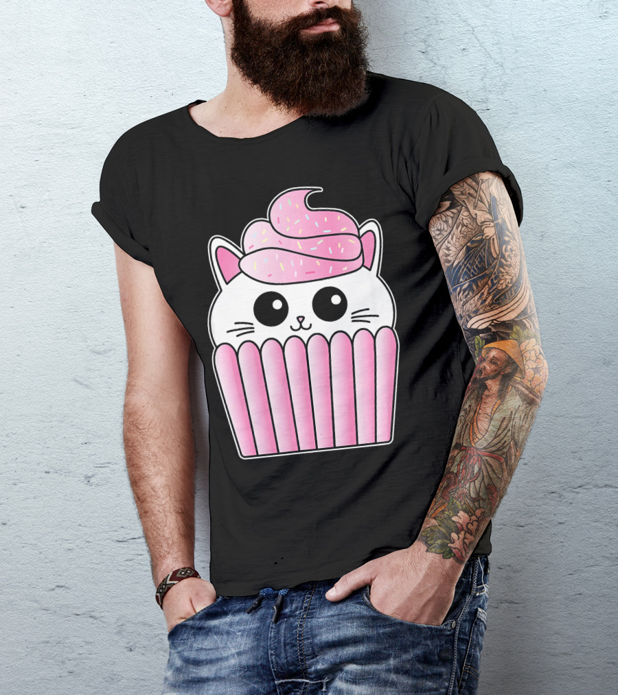 Kawaii Cat Cupcake Muffin In Pink Sweet Delight T-Shirt