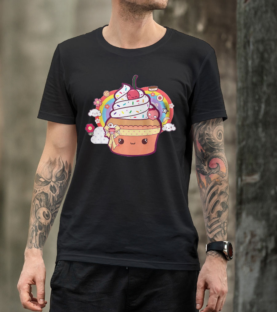 Funny Kawaii Chibi Cupcake With Rainbow And Cute Food Elements T-Shirt
