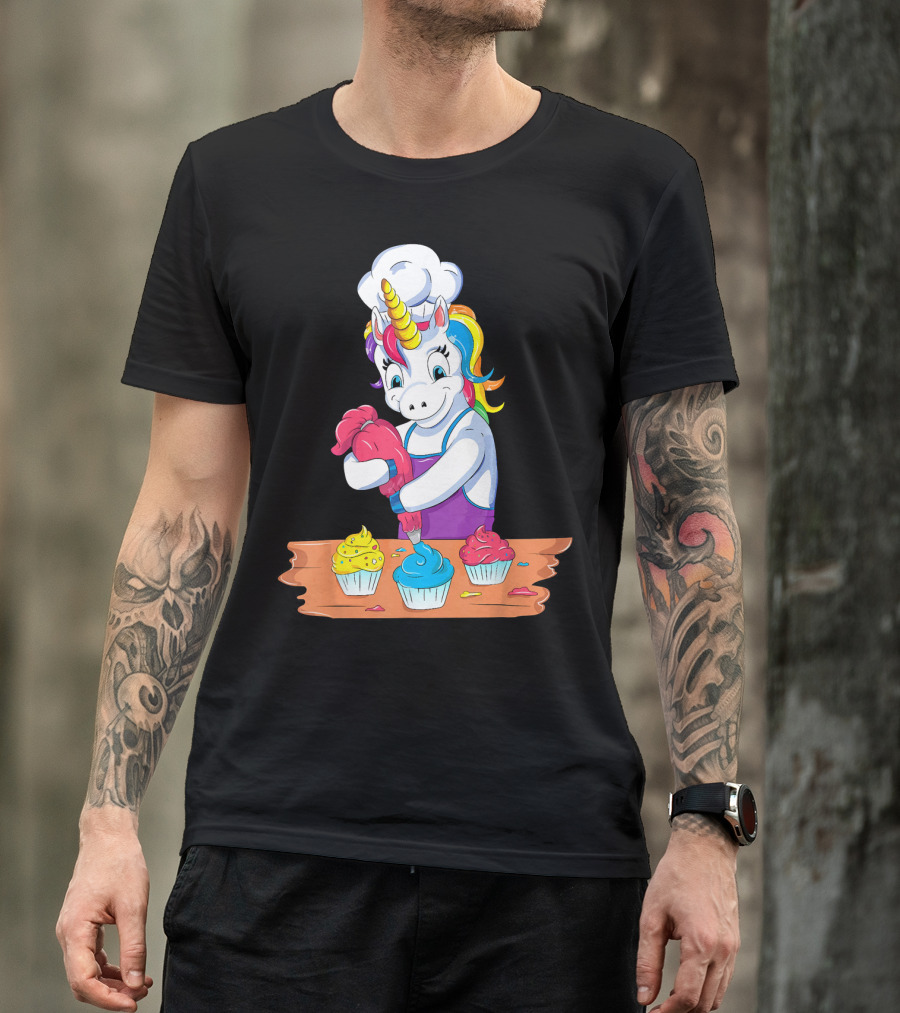 Unicorn Baking Colorful Cupcake Creations Chef T-Shirt