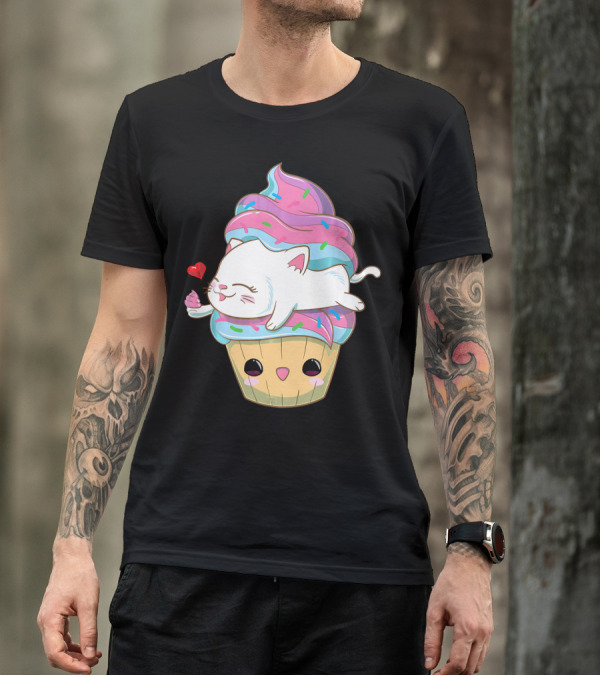 Cute Kawaii Cat On Pastel Sprinkles Cupcake With Heart Balloon T-Shirt