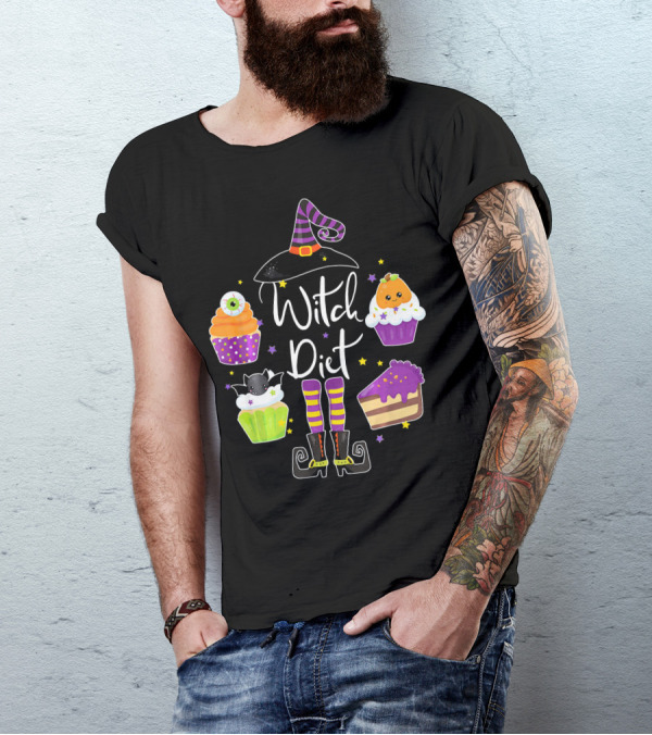 Witch Diet Funny Halloween Pumpkin Cupcake Treats With Witch Hat And Boots T-Shirt