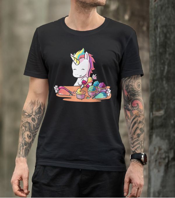 Unicorn Decorating Colorful Cupcakes With Rainbow Frosting T-Shirt