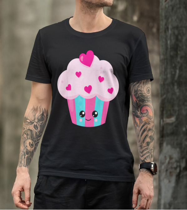Kawaii Pink Hearts Cupcake With Cute Happy Face T-Shirt