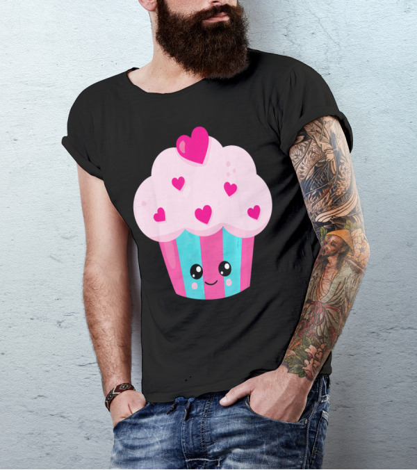 Kawaii Pink Hearts Cupcake With Cute Happy Face T-Shirt