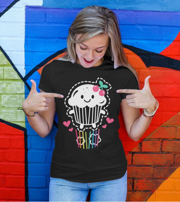 Cupcake Cute Kawaii Rainbow Team Cherry Hearts Rainbow Jump T-Shirt