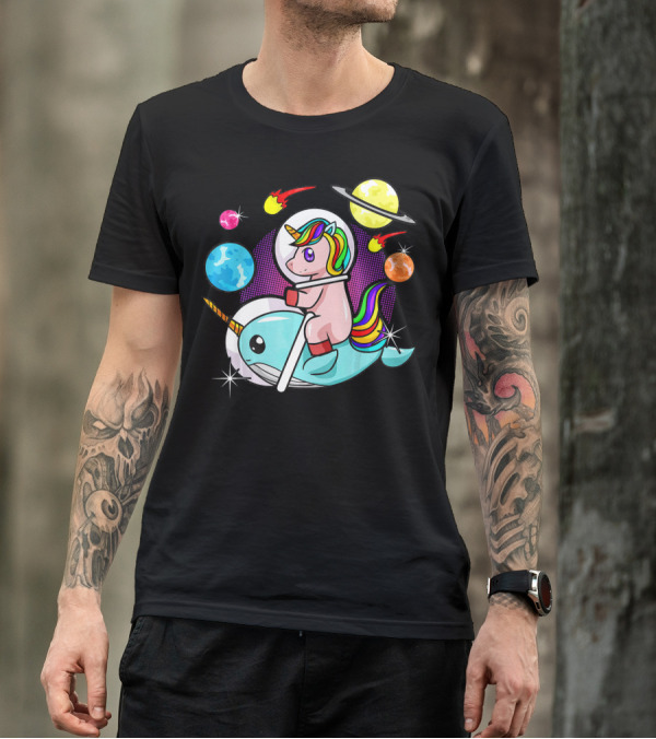 Unicorn Riding Narwhal Space Adventure With Planets And Astronaut Helmet T-Shirt