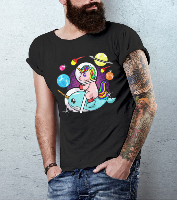 Unicorn Riding Narwhal Space Adventure With Planets And Astronaut Helmet T-Shirt