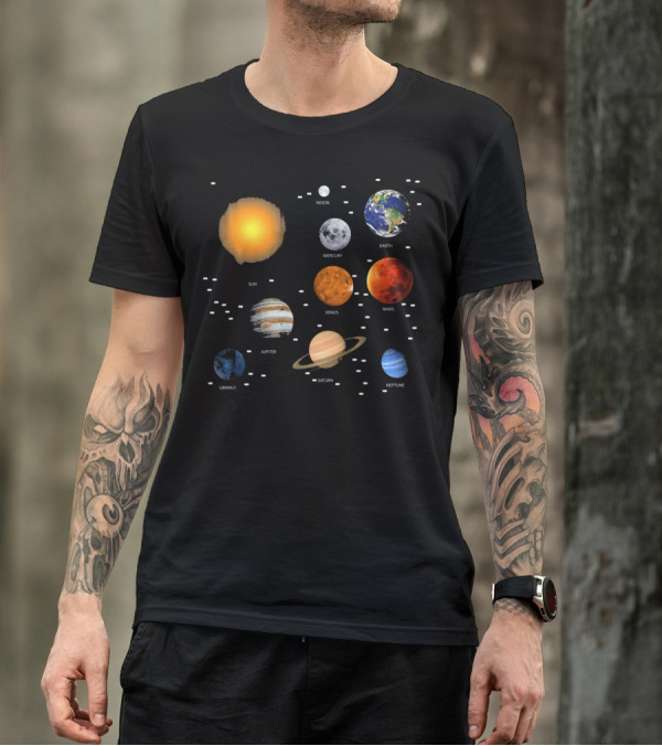 Sun Moon Mercury Venus Earth Mars Jupiter Saturn Uranus Neptune Our Solar System Science Education T-Shirt