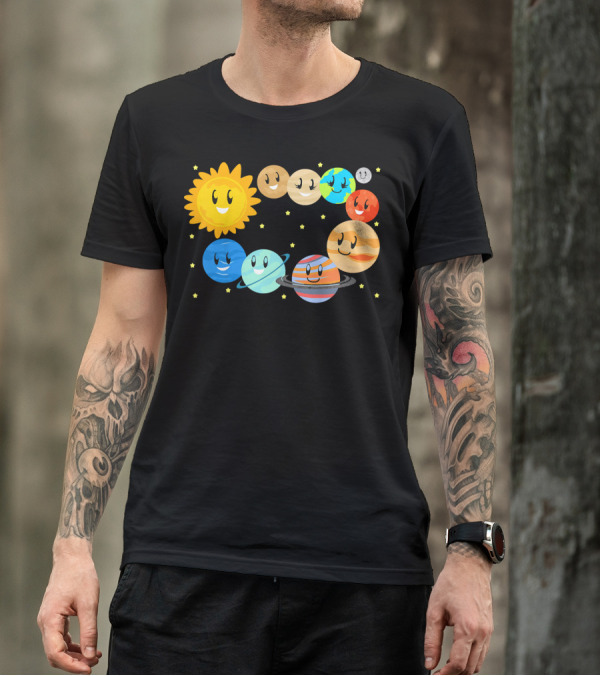 Kids Solar System Science Planets Learning Smiling Sun And Stars T-Shirt