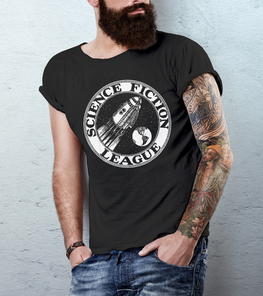 Science Fiction League 1930s Rocket And Earth Emblem T-Shirt