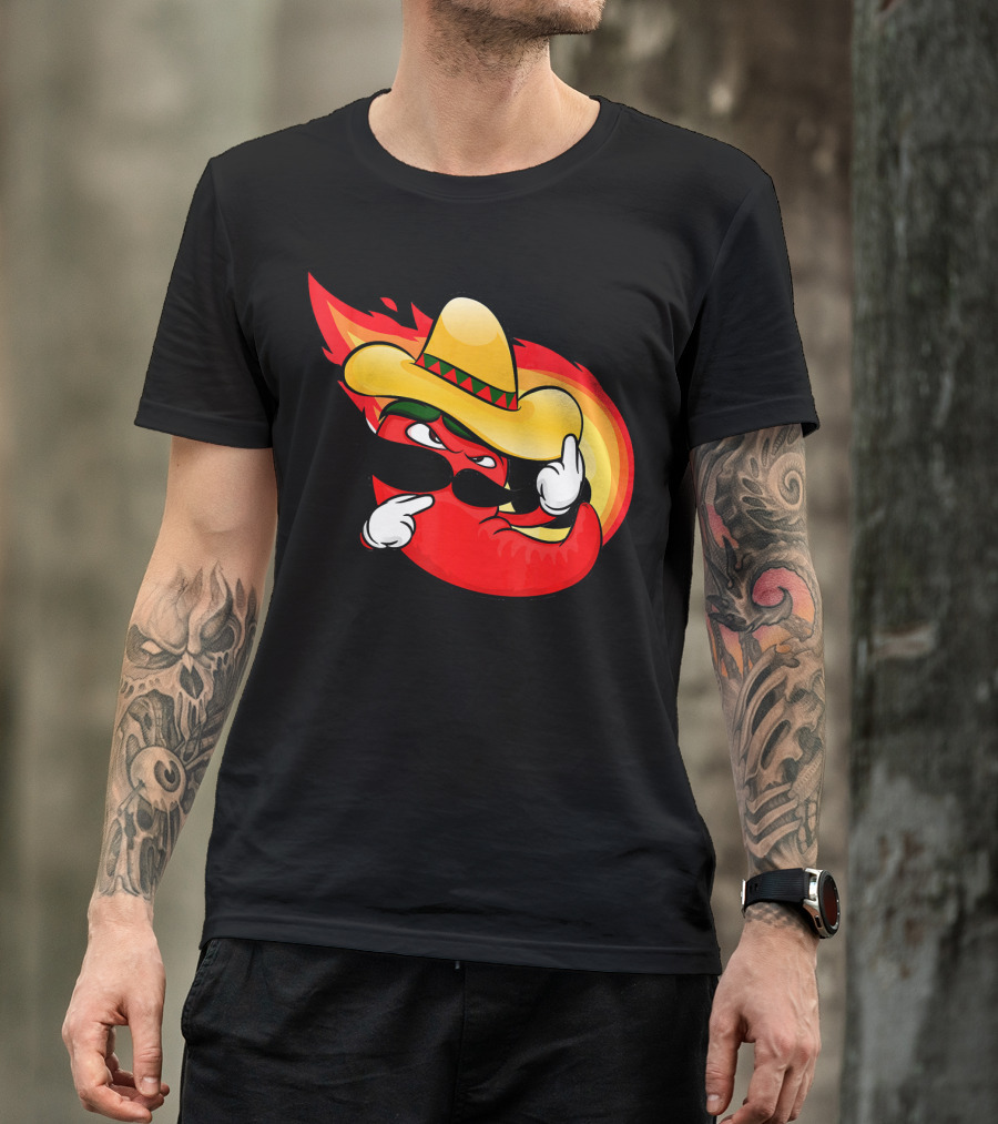 Spicy Hot And Spicy Chili Red With Burning Chili Pepper In Sombrero And Flame Background T-Shirt