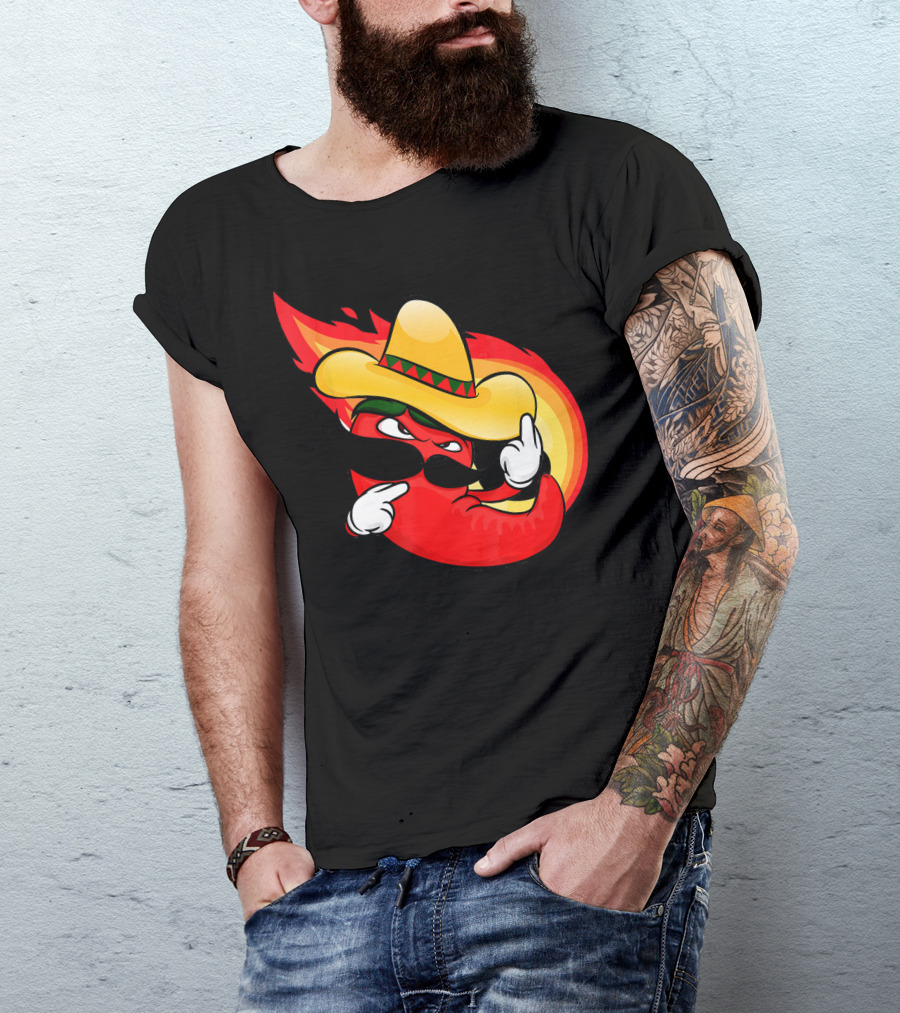 Spicy Hot And Spicy Chili Red With Burning Chili Pepper In Sombrero And Flame Background T-Shirt