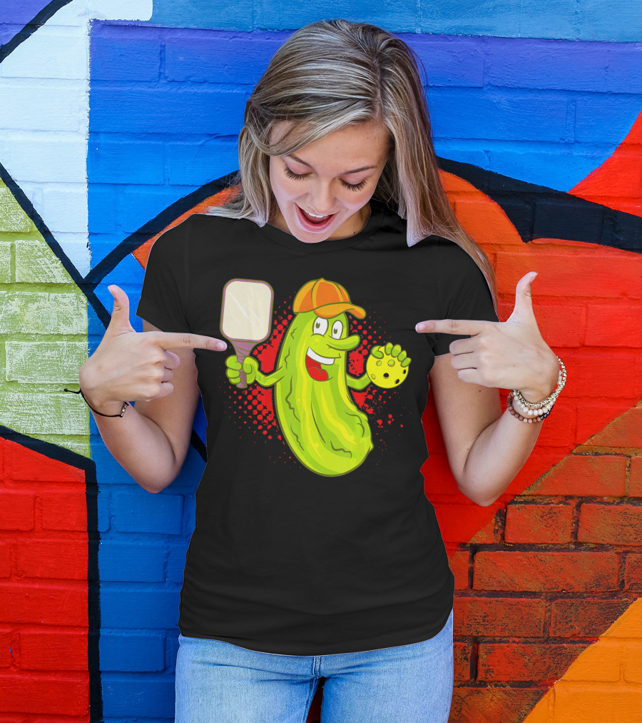 Pickleball Pickle Funny Humor With Paddle And Ball T-Shirt