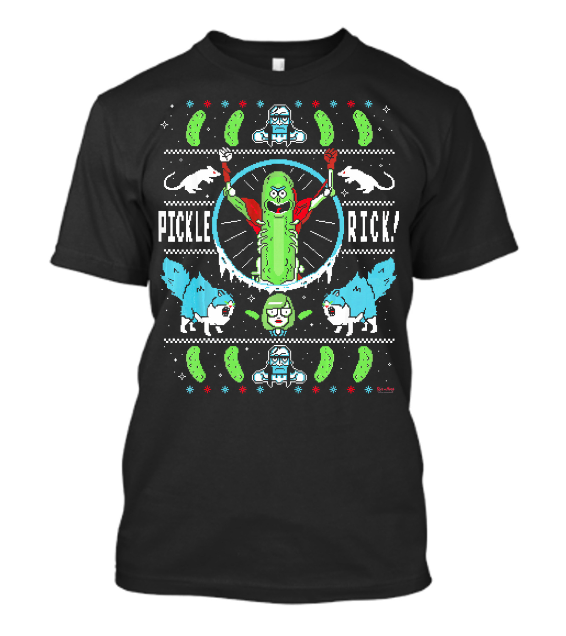 Festive Pickle Rick Ugly Sweater Christmas Theme With Rick And Morty Cats And Snowflakes T-Shirt