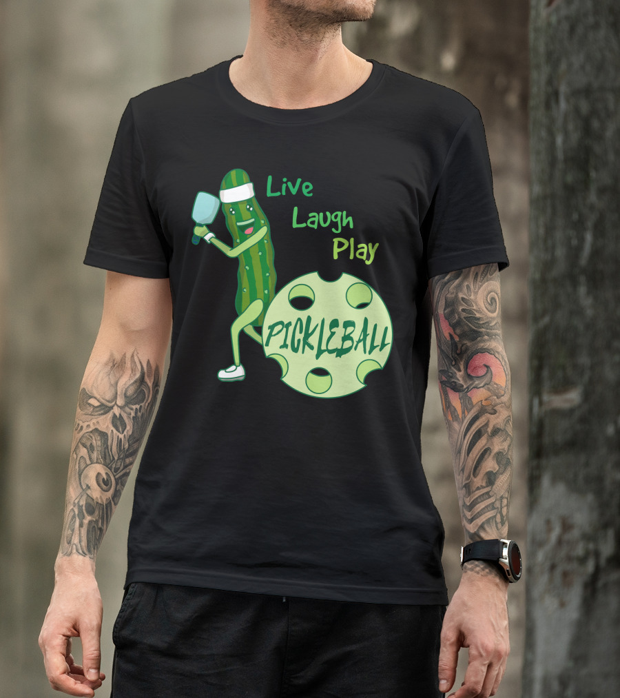 Live Laugh Play Pickleball Funny Sports Pickle Character Paddle T-Shirt