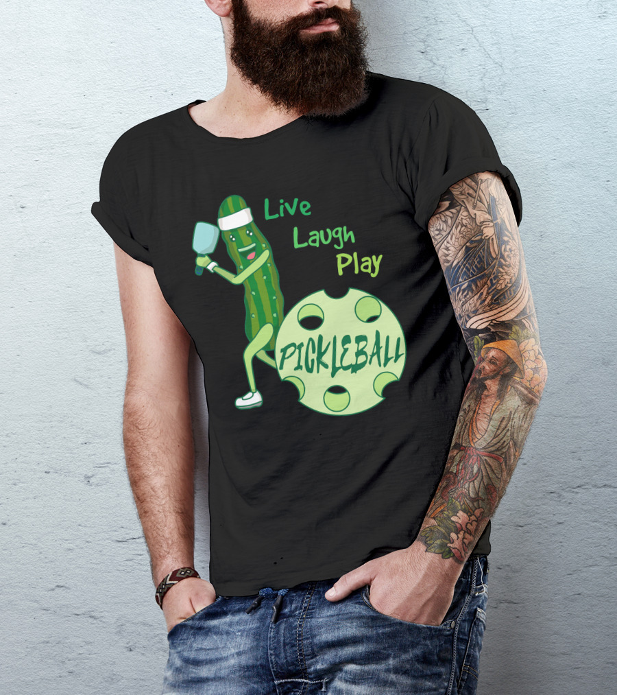 Live Laugh Play Pickleball Funny Sports Pickle Character Paddle T-Shirt