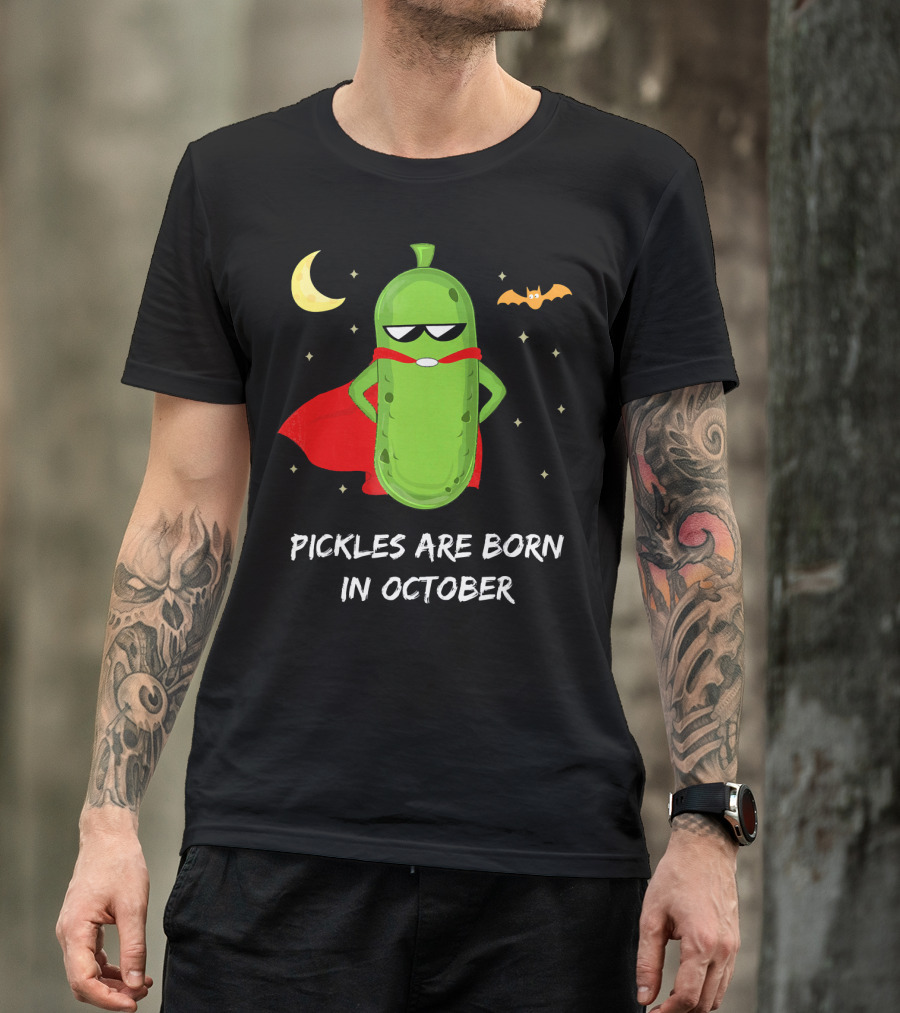 Superhero Pickles With Cape And Halloween Moon Born In October T-Shirt