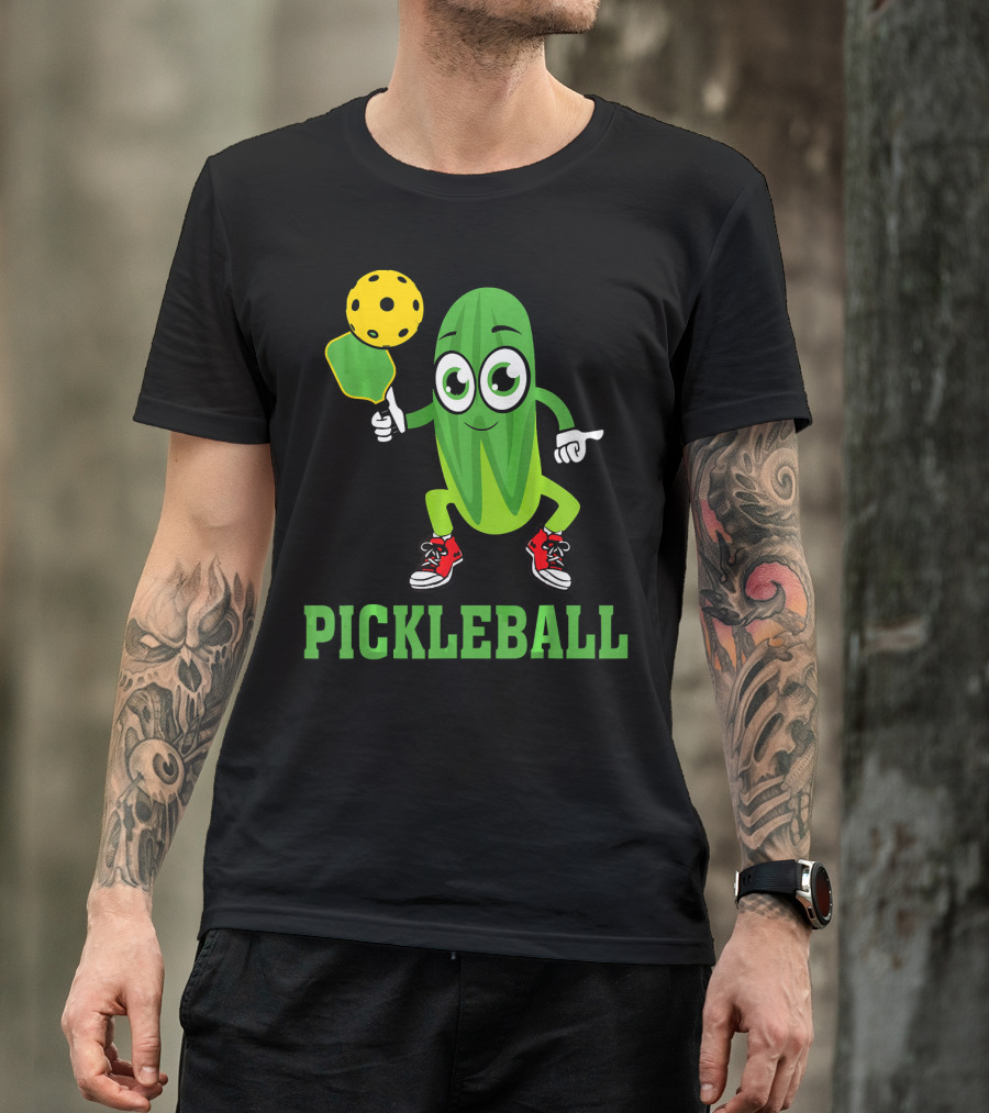 Pickle Character Playing Pickleball With Paddle And Ball T-Shirt