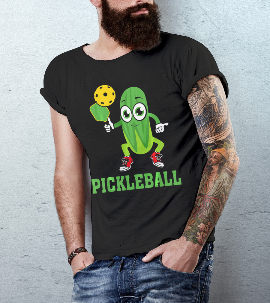 Pickle Character Playing Pickleball With Paddle And Ball T-Shirt