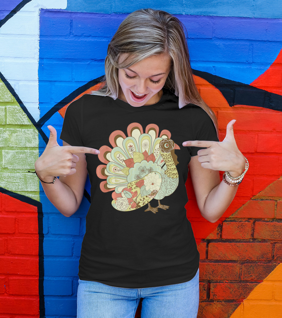 Retro Thanksgiving Turkey Vintage Floral T-Shirt