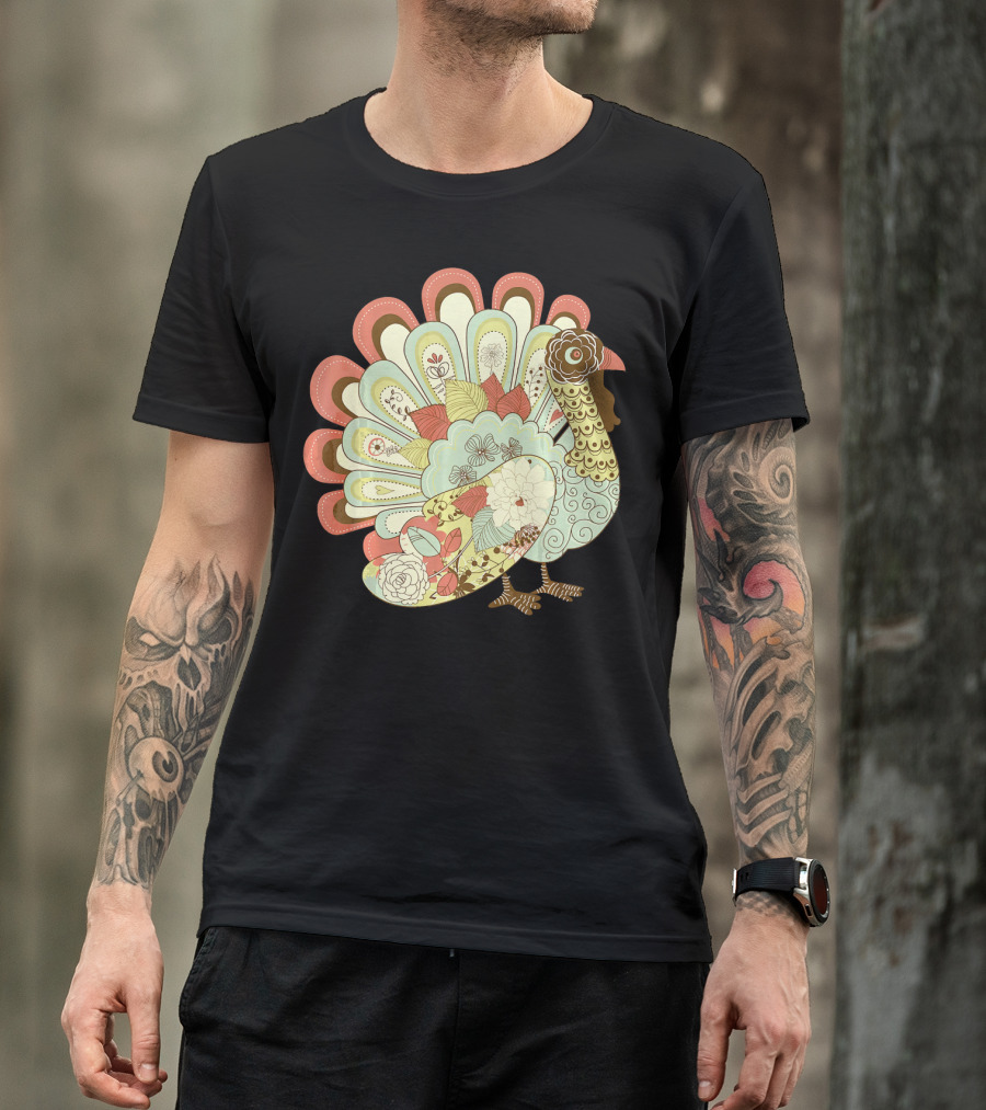 Retro Thanksgiving Turkey Vintage Floral T-Shirt