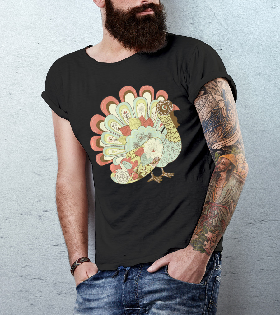 Retro Thanksgiving Turkey Vintage Floral T-Shirt