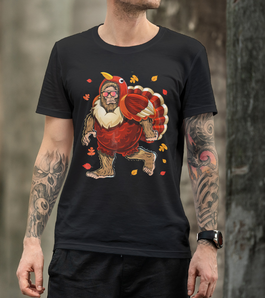 Thanksgiving Bigfoot Turkey Costume Fall Leaves T-Shirt