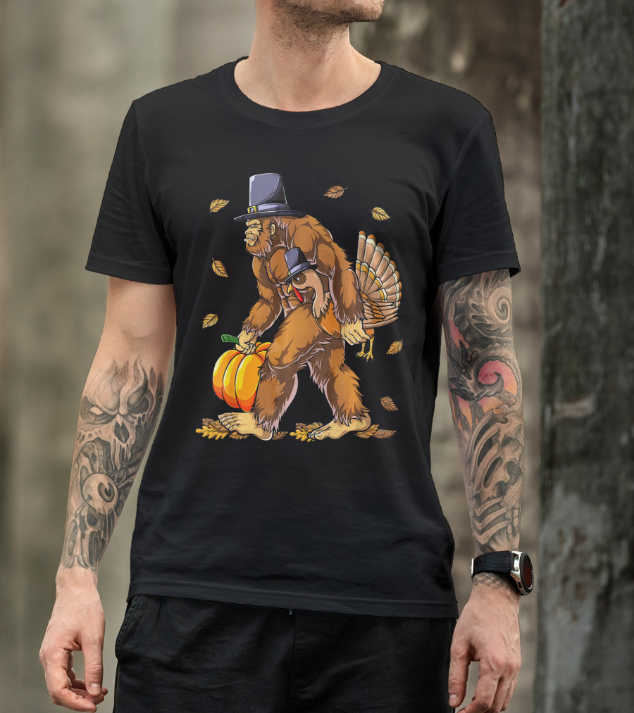 Bigfoot Pilgrim Turkey Carrying Pumpkin Thanksgiving T-Shirt