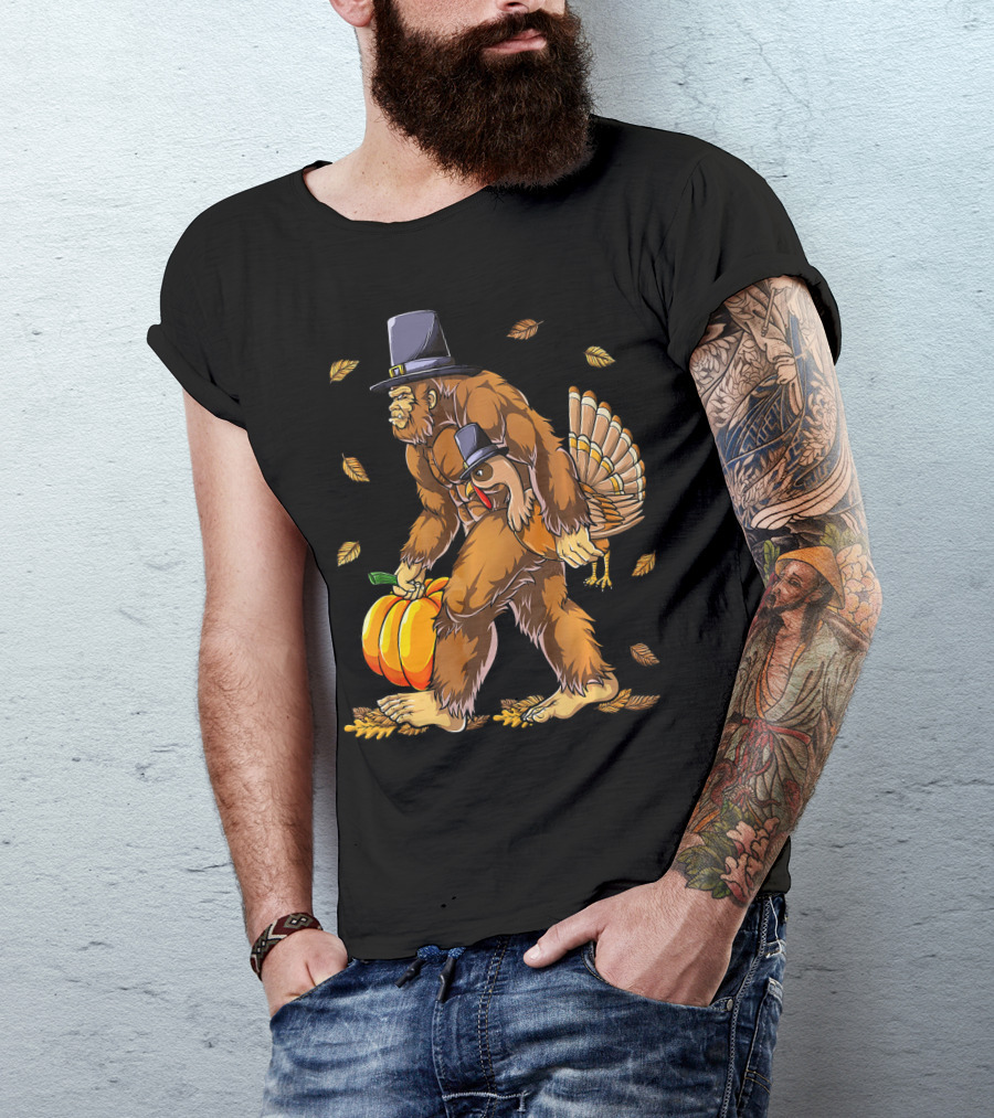 Bigfoot Pilgrim Turkey Carrying Pumpkin Thanksgiving T-Shirt
