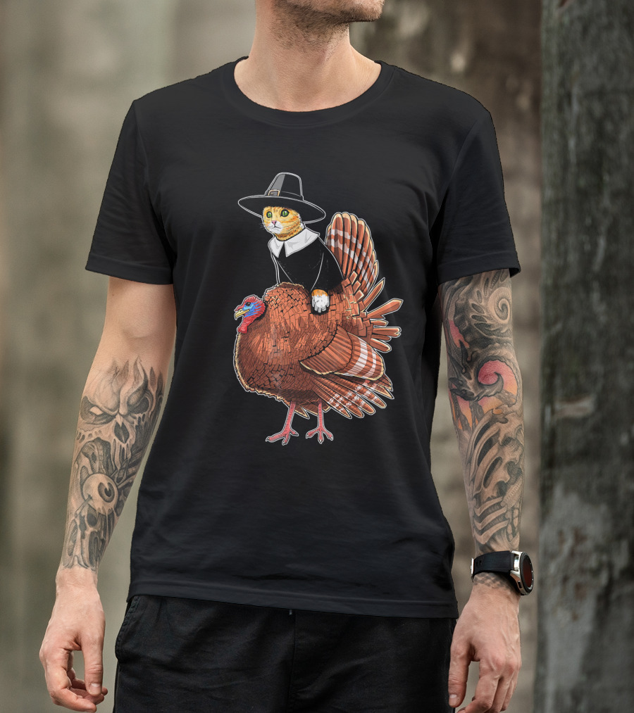 Thanksgiving Cat Dressed As Pilgrim Riding Turkey T-Shirt