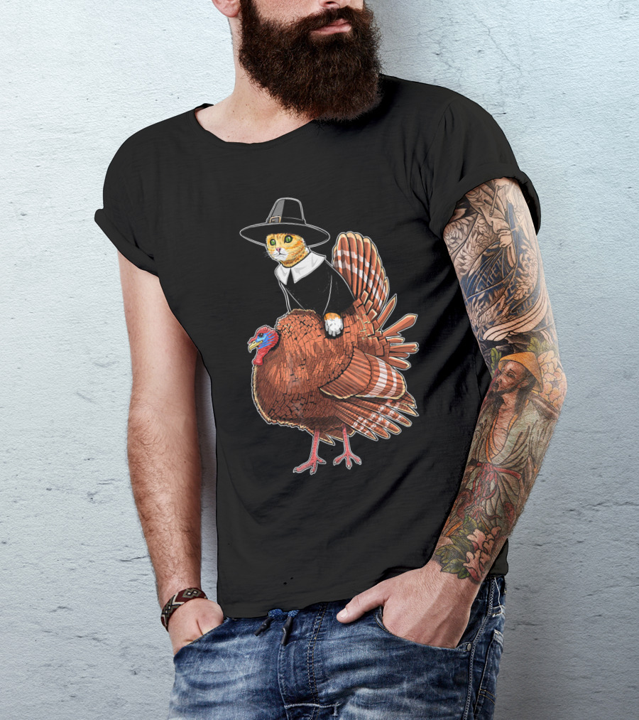 Thanksgiving Cat Dressed As Pilgrim Riding Turkey T-Shirt