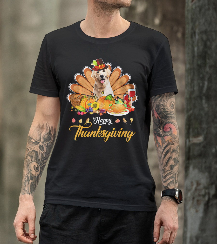 Happy Thanksgiving Golden Retriever Turkey Dish Wine T-Shirt