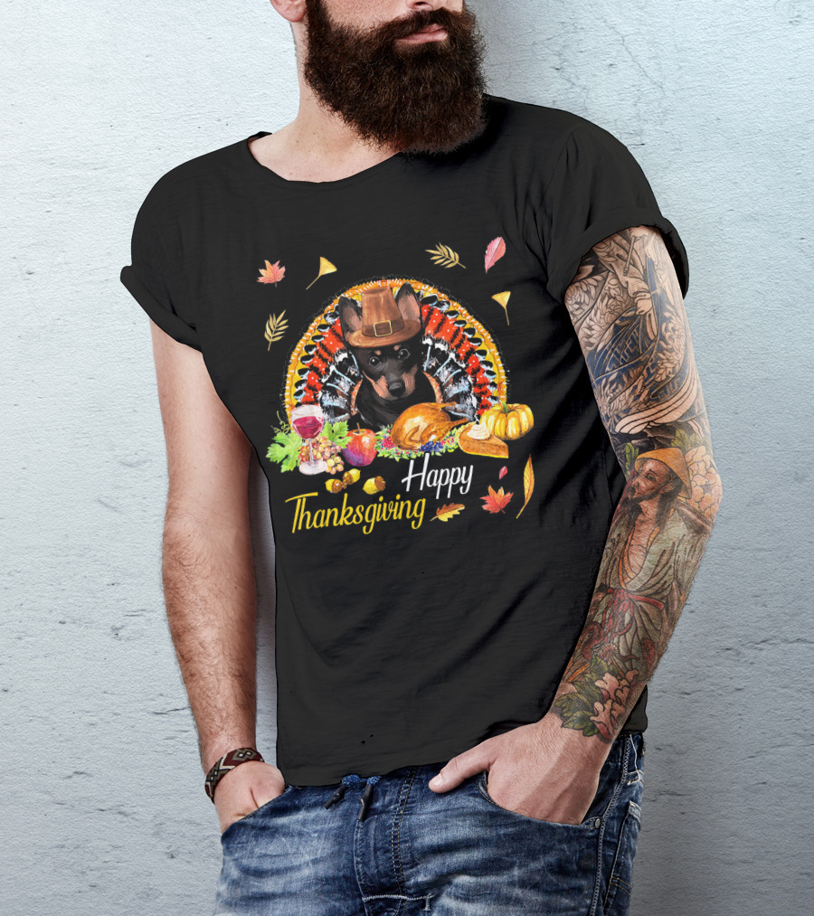 Happy Thanksgiving Heeler Dog With Feast And Autumn Leaves T-Shirt