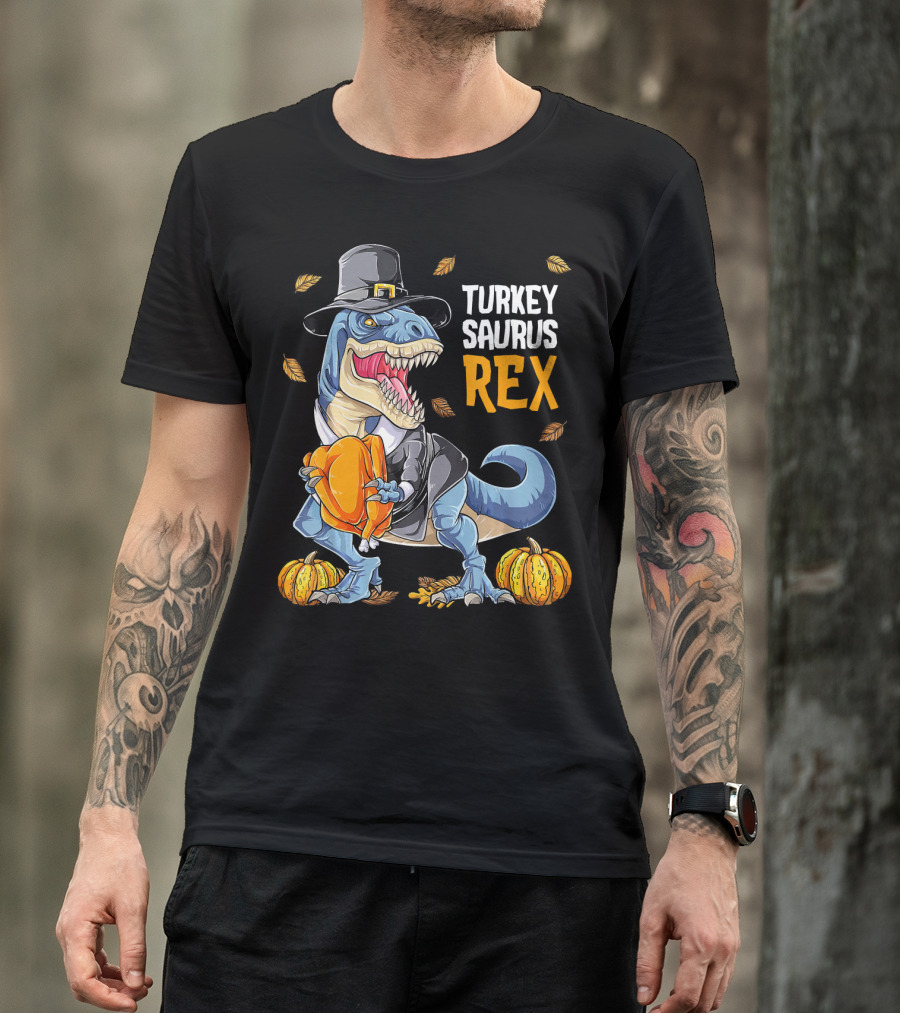 Turkey Saurus Rex Dinosaur Thanksgiving Boys Pilgrim Hat Pumpkin T-Shirt