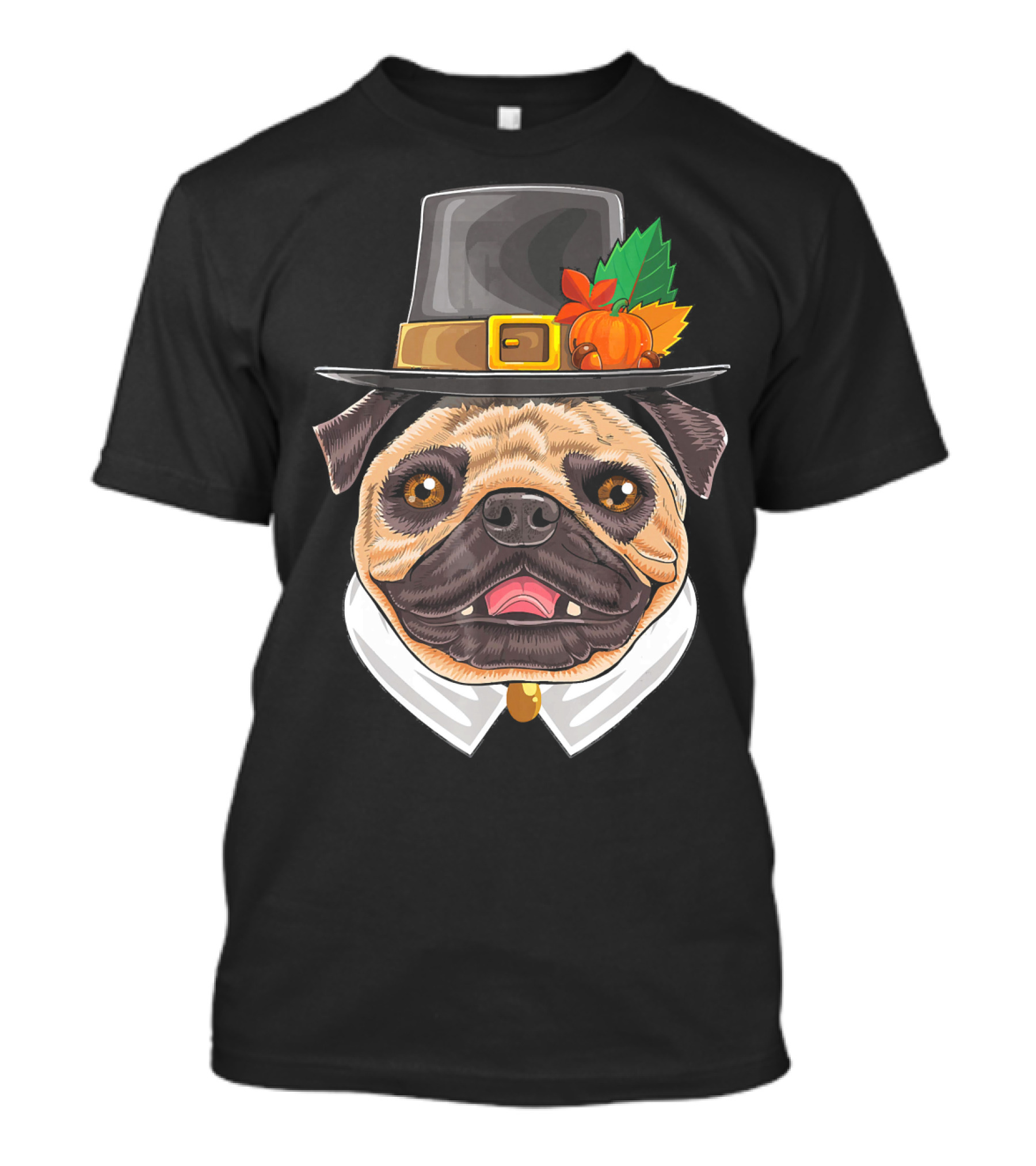 Thanksgiving Pug Pilgrim Hat With Pumpkin And Leaves T-Shirt