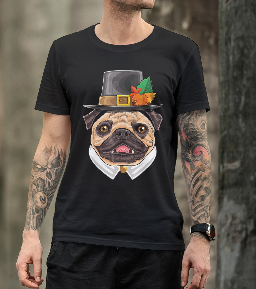 Thanksgiving Pug Pilgrim Hat With Pumpkin And Leaves T-Shirt