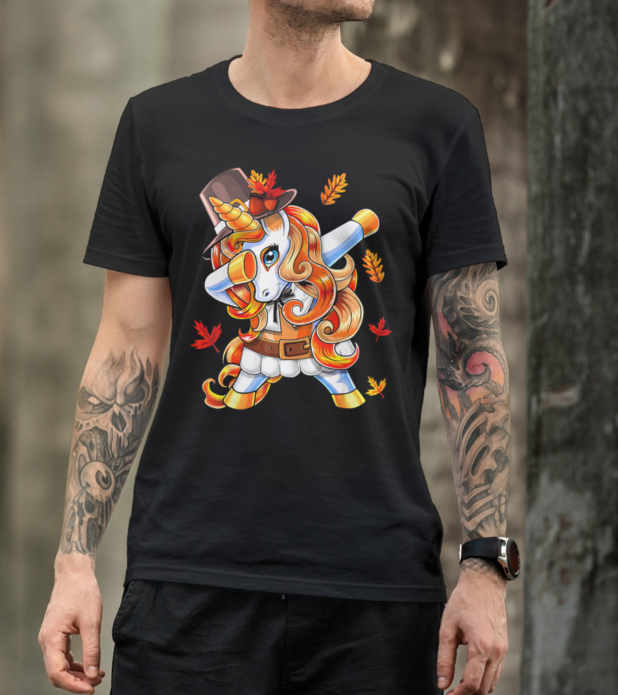 Thanksgiving Pilgrim Unicorn Dabbing Autumn Leaves T-Shirt