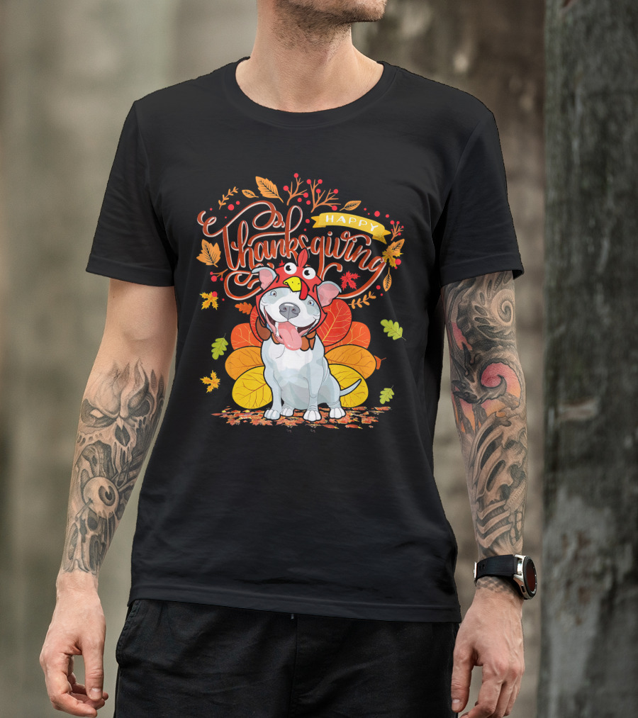 Happy Thanksgiving Pit Bull Wearing Turkey Hat Autumn Leaves T-Shirt