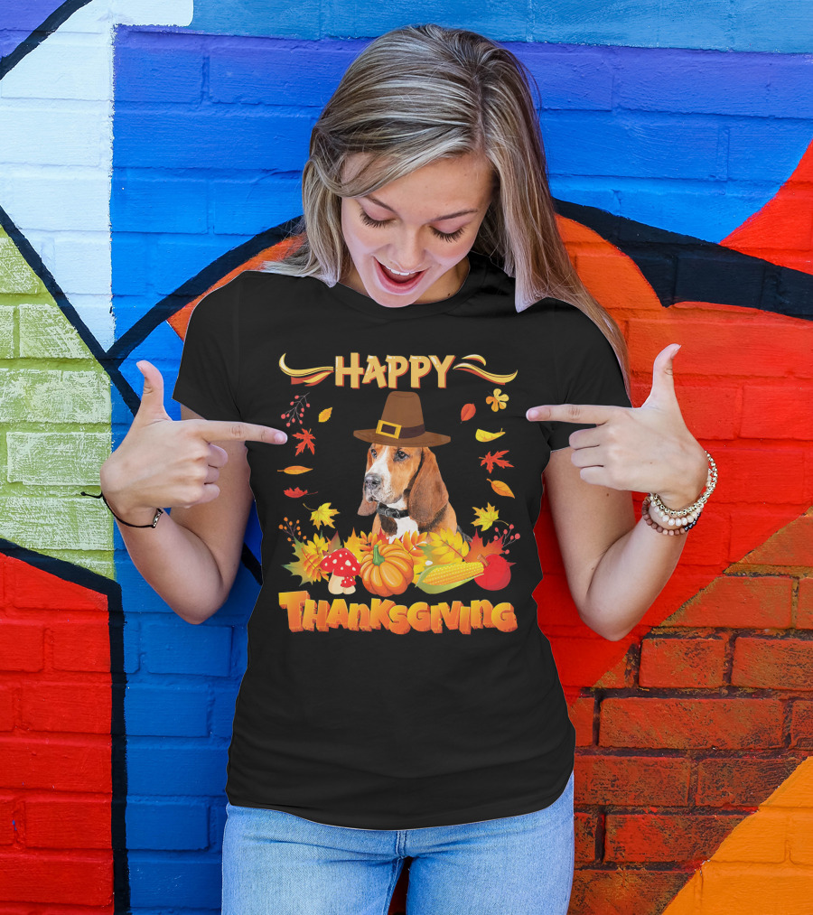 Happy Thanksgiving Basset Hound Dog With Pilgrim Hat And Autumn Harvest Elements T-Shirt