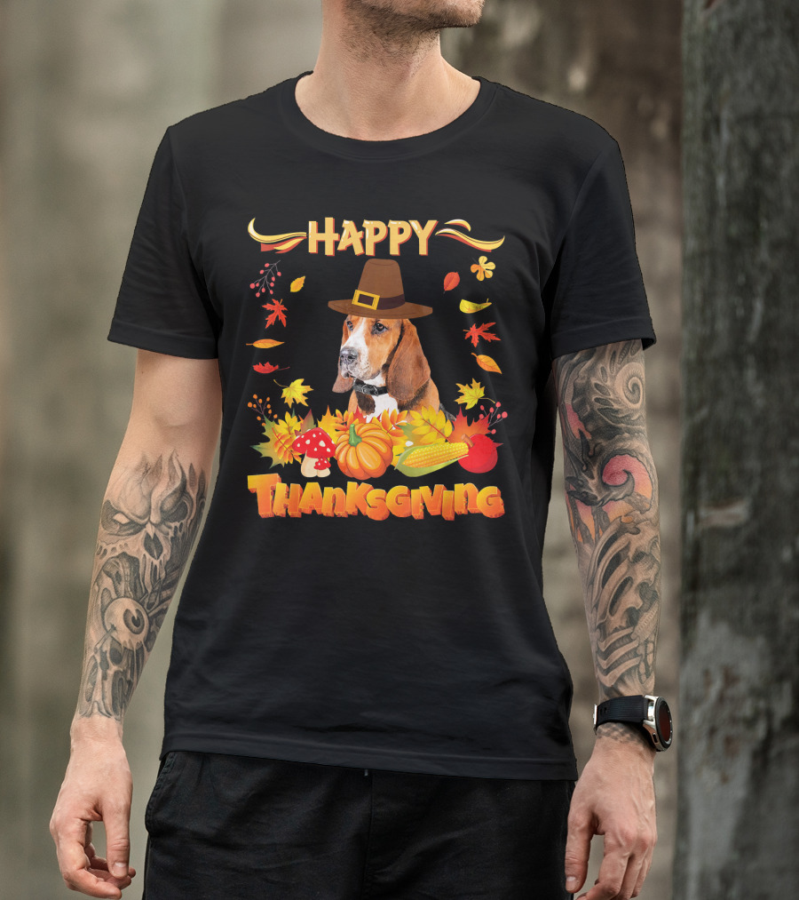 Happy Thanksgiving Basset Hound Dog With Pilgrim Hat And Autumn Harvest Elements T-Shirt