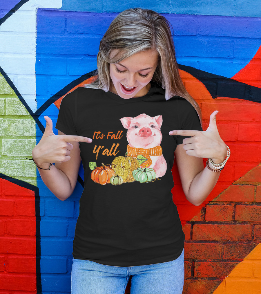 Its Fall Y'all Cute Pig With Leopard Pumpkin Scarf T-Shirt