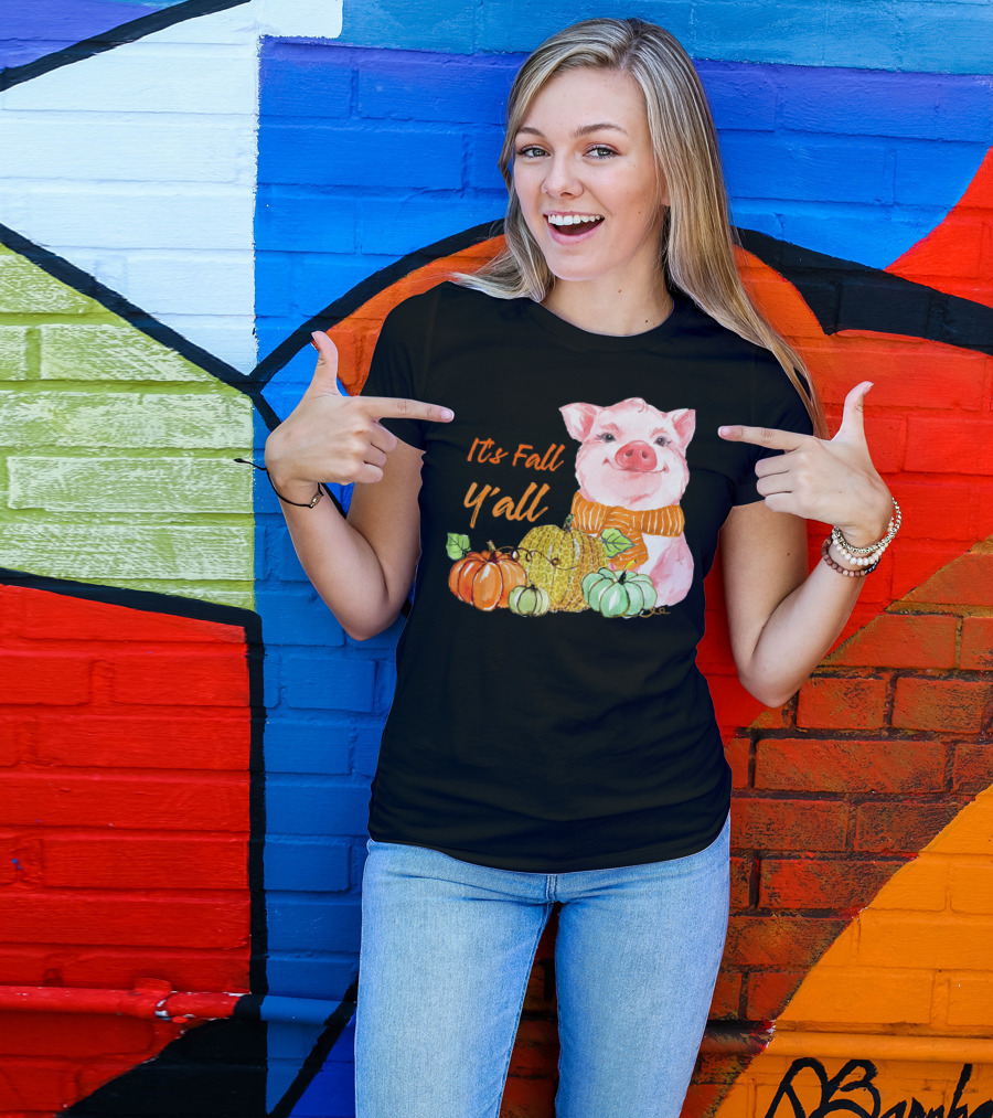 Its Fall Y'all Cute Pig With Leopard Pumpkin Scarf T-Shirt